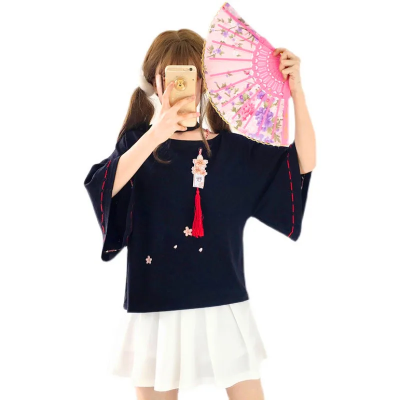 

Женская футболка в японском стиле мори, милая короткая футболка с вышивкой Сакуры и полурукавами, футболка в стиле Харадзюку с открытым пле...