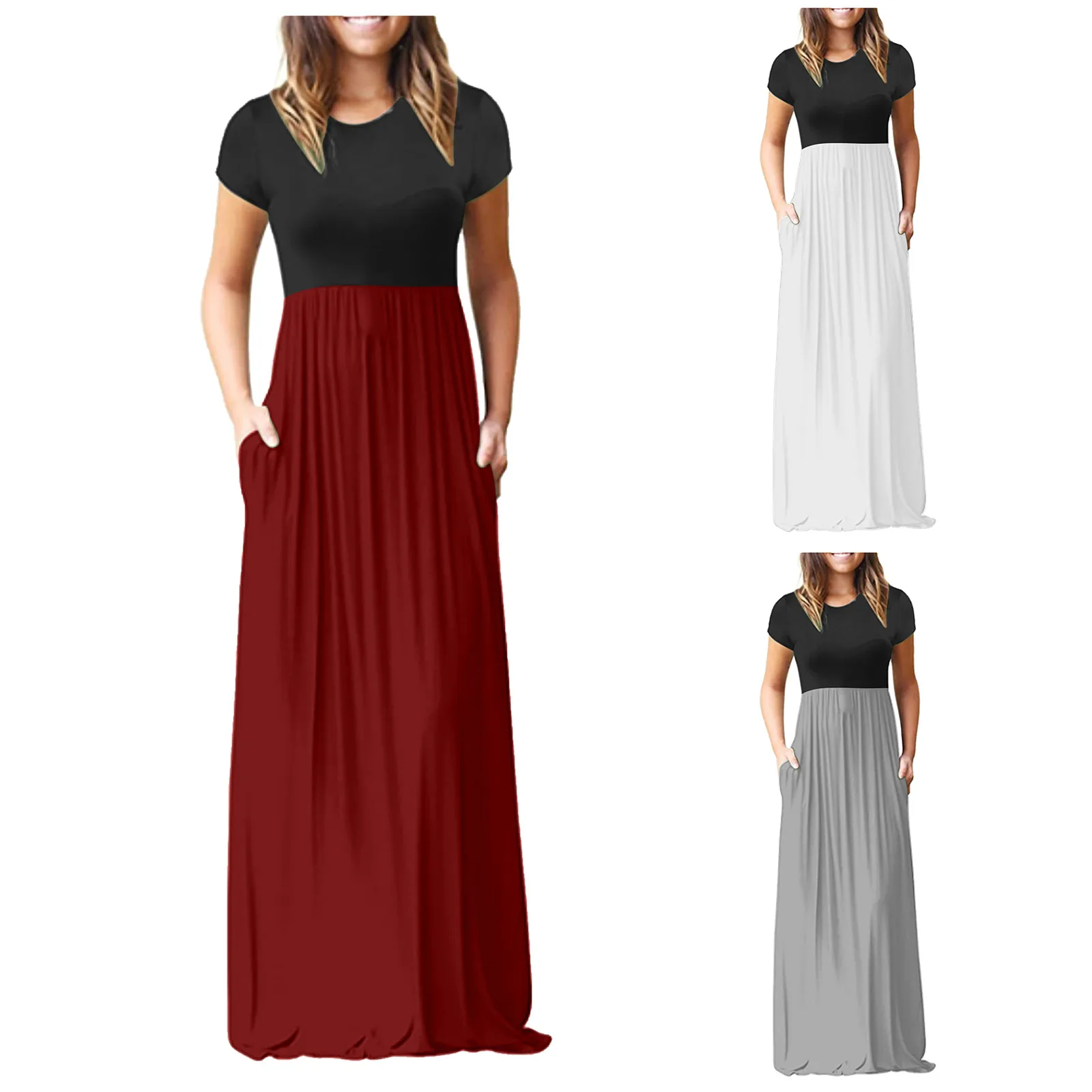 

Solid Patchwork Summer Women Casual Long Dress Plus Size Short Sleeve O Neck Elegant Dresses For Women Clothing Vestidos Mujer