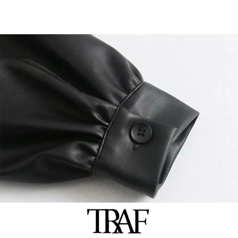 TRAF, женские винтажные стильные плиссированные укороченные рубашки из искусственной кожи, модные женские блузки из искусственной кожи с отложным воротником и пышными рукавами