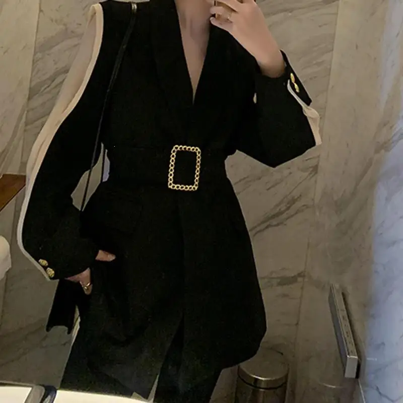 2019 Women Metal Gold Buckle With Belt Blazer Notched Fashion Split Black Hit Color Blazers Coat Ladies Office Loose Jacket | Женская