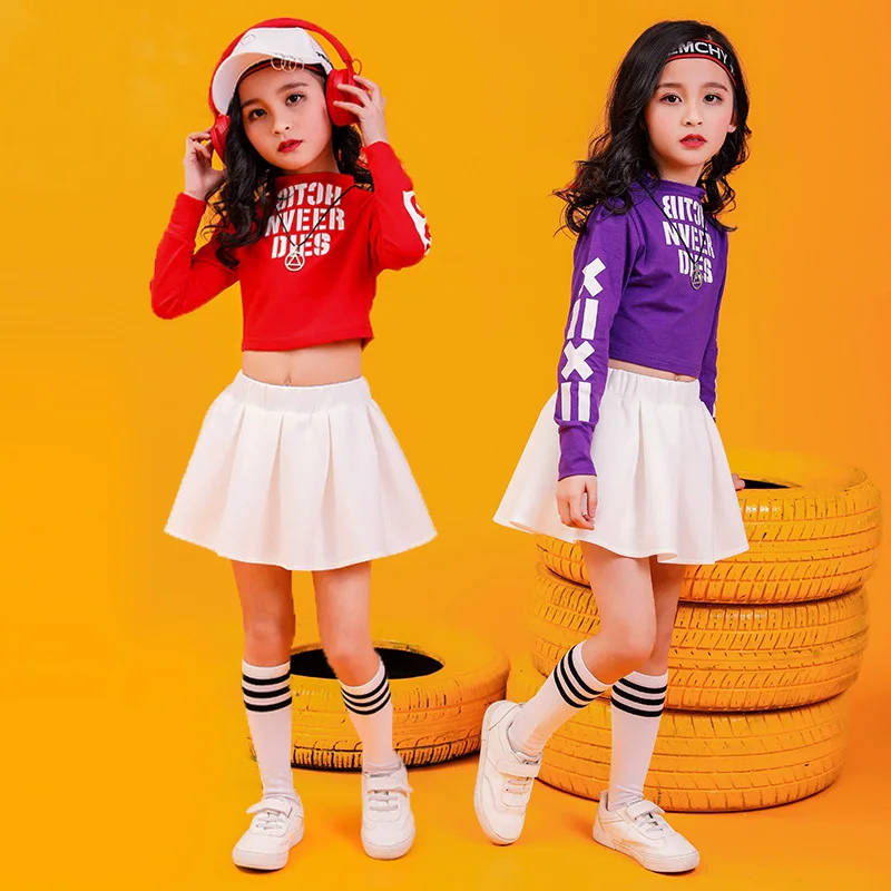 

Children Hip Hop Clothing Sweatshirt Top Crop White Pleated Mini Skirt for Girl Jazz Dance Costume Ballroom Dancing Clothes Wear