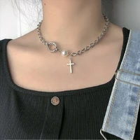 fashion pearl cross cross necklace womens niche design european and american street hip hop party chain cross pearl necklace
