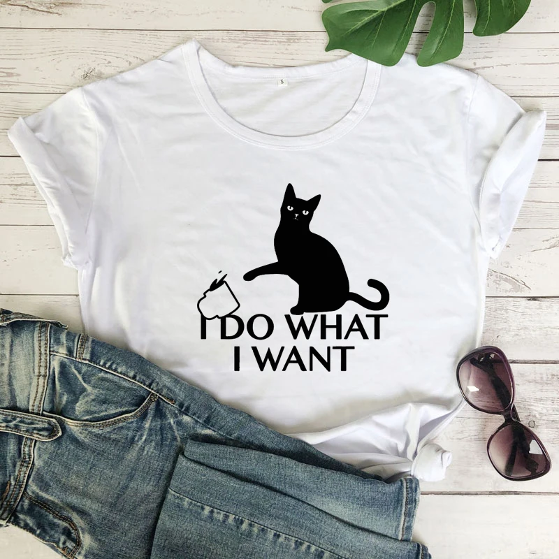 

I Do What I Want Tshirt for Women Funny Naughty Cat Print Tee Shirt Casual Women Short Sleeve Hipster Graphic T-shirt Loose Top