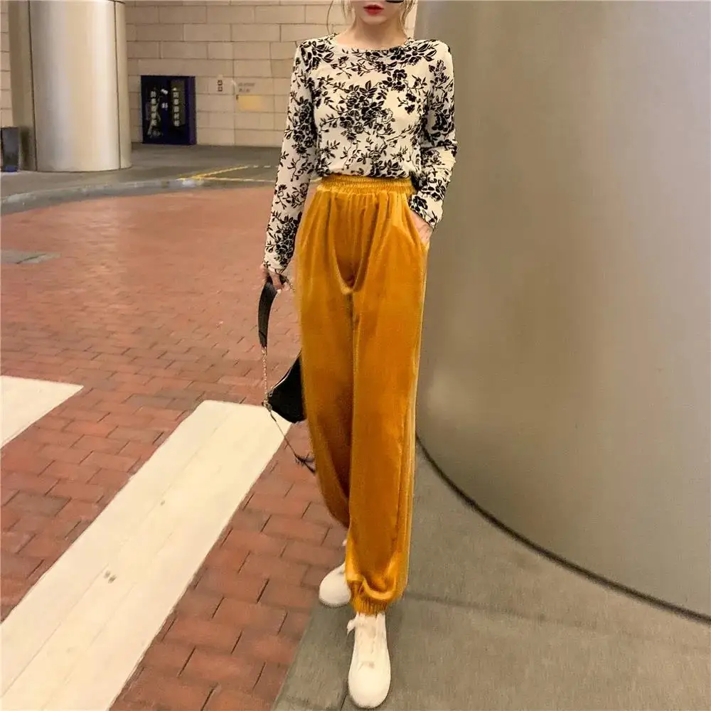 Женские длинные брюки с поясом на резинке повседневные однотонные фонариками