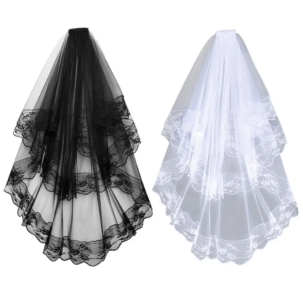 

2 Tier Women Girls Halloween Cosplay Wedding Veil Scalloped Floral Lace Trim Double Layer Tulle Mesh Party Costume with Comb