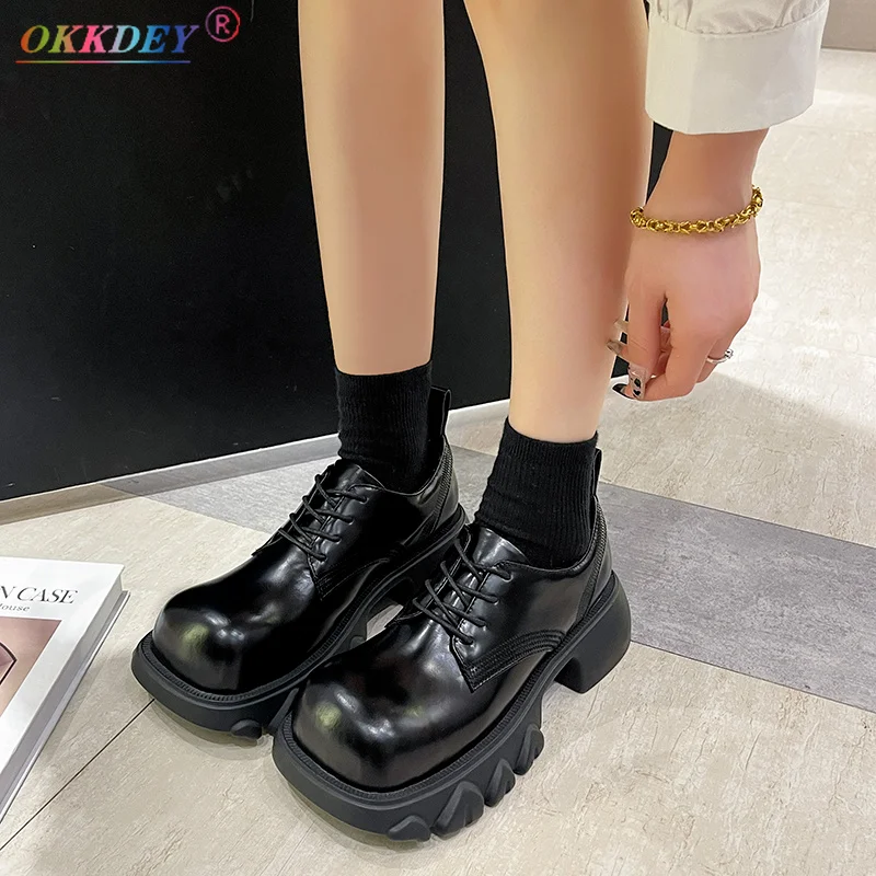 

Square Toe High Heels Women's Shoes Genuine Leather 2021 New Winter Retro Lace-up Casual Platform Ladies Mary Jane Women's Shoes