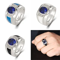 classic men wedding band white gold plated inlay round cut blue zircon mens ring casual business open ring anniversary jewelry