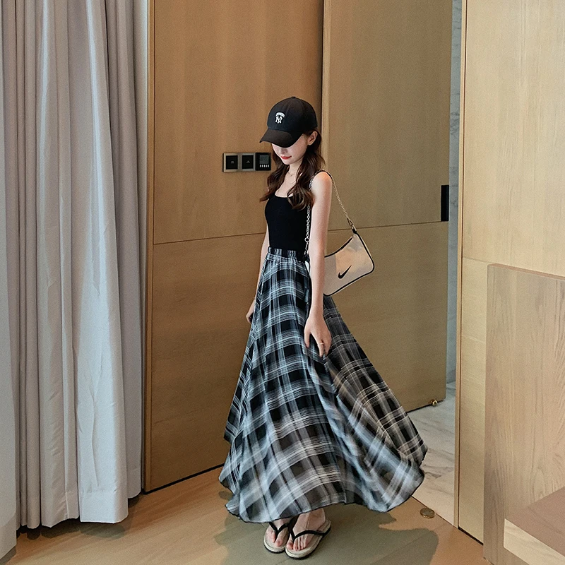 Women Long Chiffon Plaid Skirt Summer Autumn Elegant Runway Korean Skirts for Casual Office School Fashion | Женская одежда