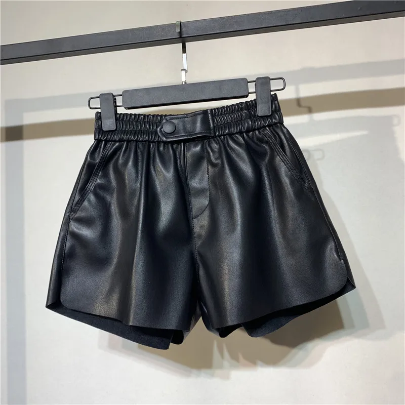 Модные женские шорты с высокой талией из искусственной кожи черный пояс широкие