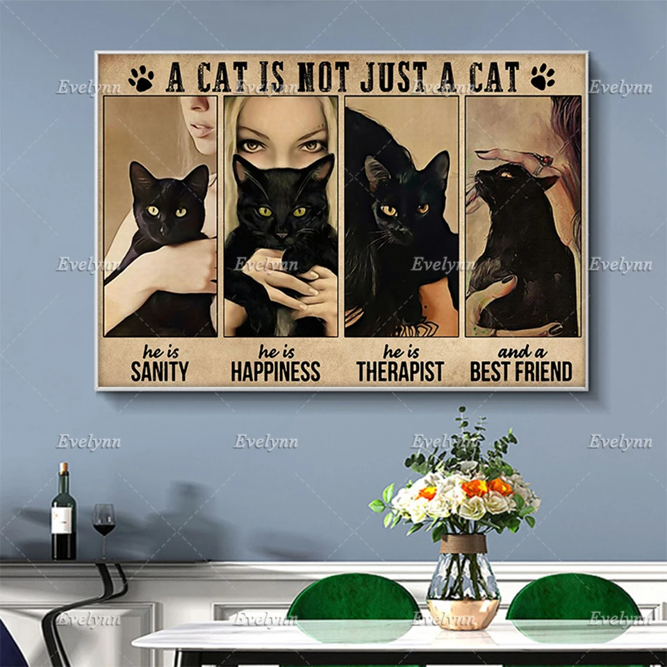 

Nordic Wall Art Women And Black Cat Vintage Poster Hd Prints Modular Pictures For Living Room Home Decor Canvas Painting Gift