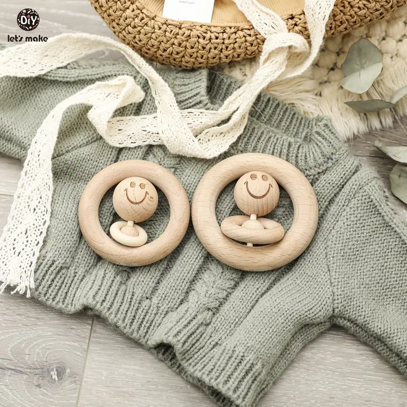 Let's Make Baby Wooden Rattle Bed Bell Wooden Ring 70mm/80mm Beech Wood Smiley Face 1PC Educational Toys Rattles For Newborns