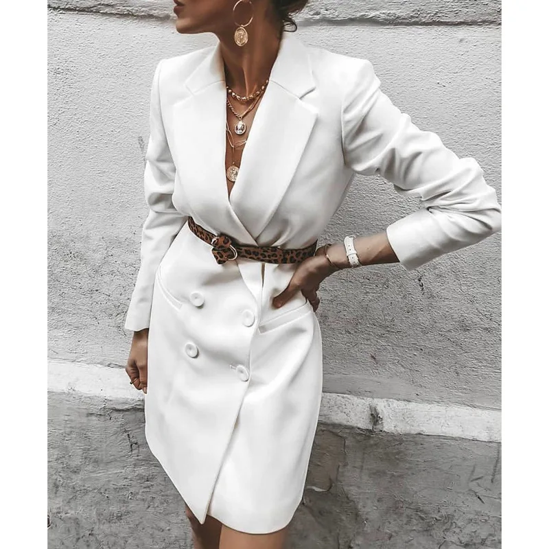 

Women Blazer Winter 2021 Black Warm Long Blazer Elegant Office Dress Blazer Double Breast Jacket Sexy Solid Dress Jacket Female