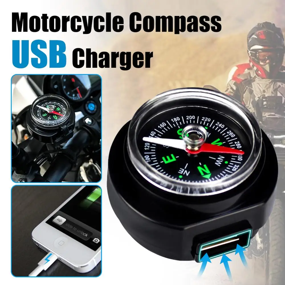 

1X Motorcycle Handlebar USB 2.0 Charger with Compass Mobile Phones GPS 12V USB Charger Universal For Boat Marine ATV Accessories