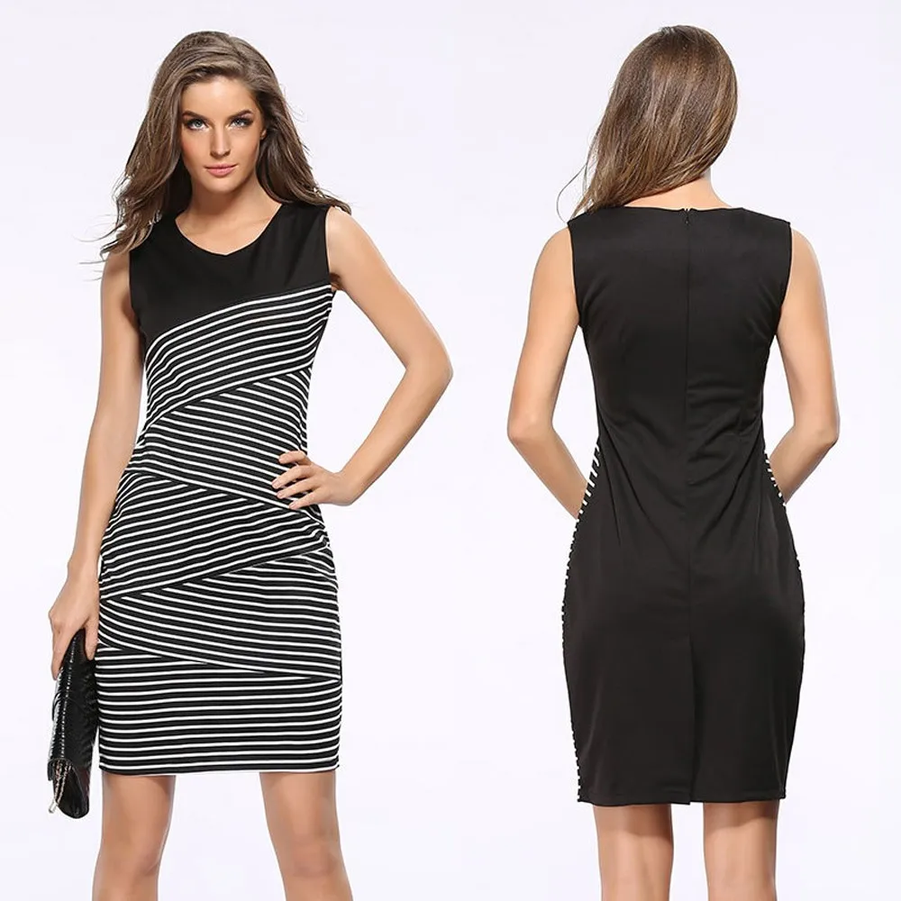 Летнее женское платье для работы с v образным вырезом черно белое Полосатое