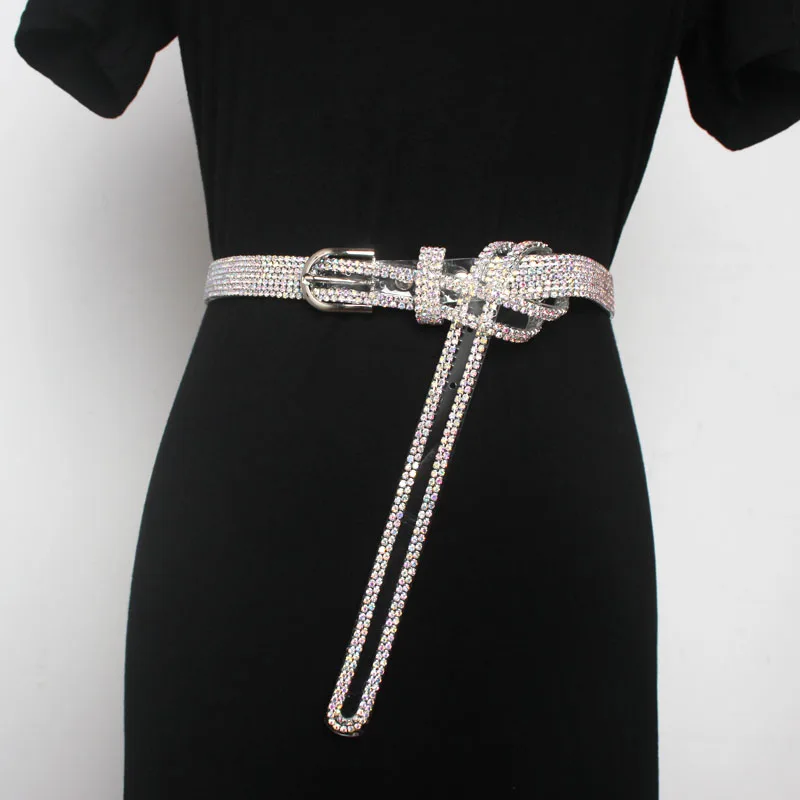 Women Shiny Belt Inlaid With Bright Crystal Color Thin Decoration Skirt Shirt And Tie Waist Seal Purple black pink transparent