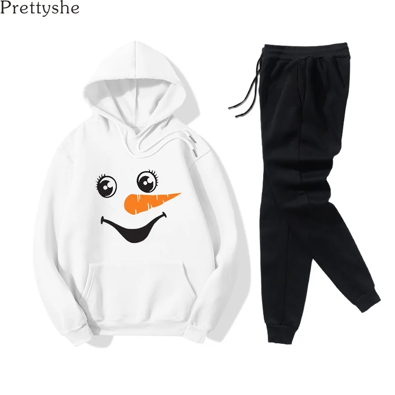 

Prettyshe Winter Two Piece Hooded Women Christmas Cute Snowman Print Casual Sweater Suit Tracksuit Hoodies Sweatshirt Pants