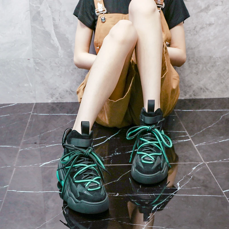 

2020 Winter New Casual All-match Platform Shoes Women Black Fashion Thick-soled High-top Genuine Leather Lace-Up Vulcanize Shoes