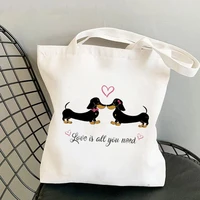 shopper love is all you need dachshund printed kawaii bag harajuku women shopping bag canvas girl handbag bag shoulder lady bag