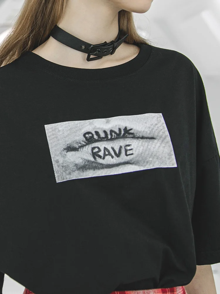 

PUNK RAVE Girl's Punk Simple Fashion Black T-shirt Loose Personality Printed Short-sleeved Summer Women Tops Streetwear