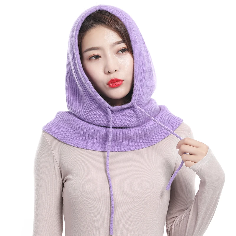 5 Light Purple Sparsil, унисекс, Вязаная кашемировая шапка с капюшоном и воротником, шапка на завязках, плотная шапка для мужчин и женщин, одноцветная, регулируемая эластичная шапка - Цвет: 5 Light Purple