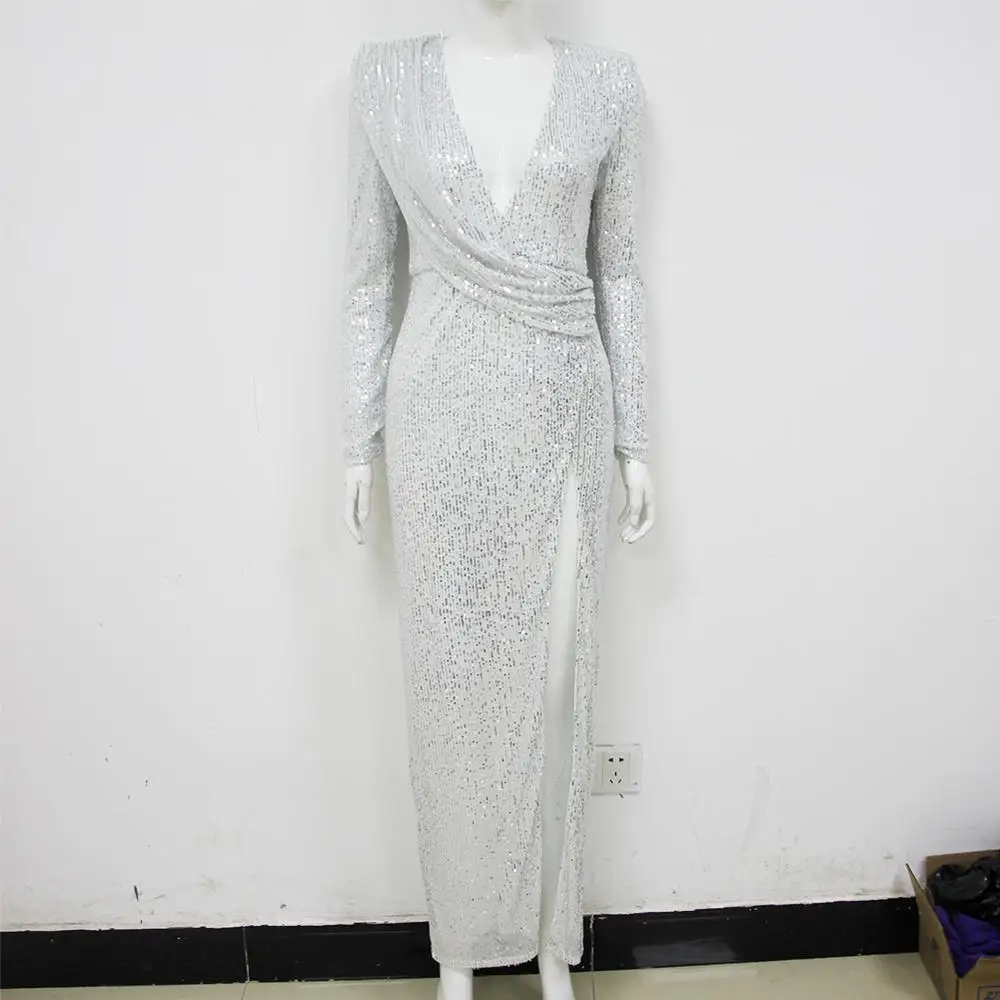 

Simly Tara Winter 2019 Sexy Long Sleeve Silver Sequins Bodycon Women Long Dresse Elegant Designer Club Party Dress