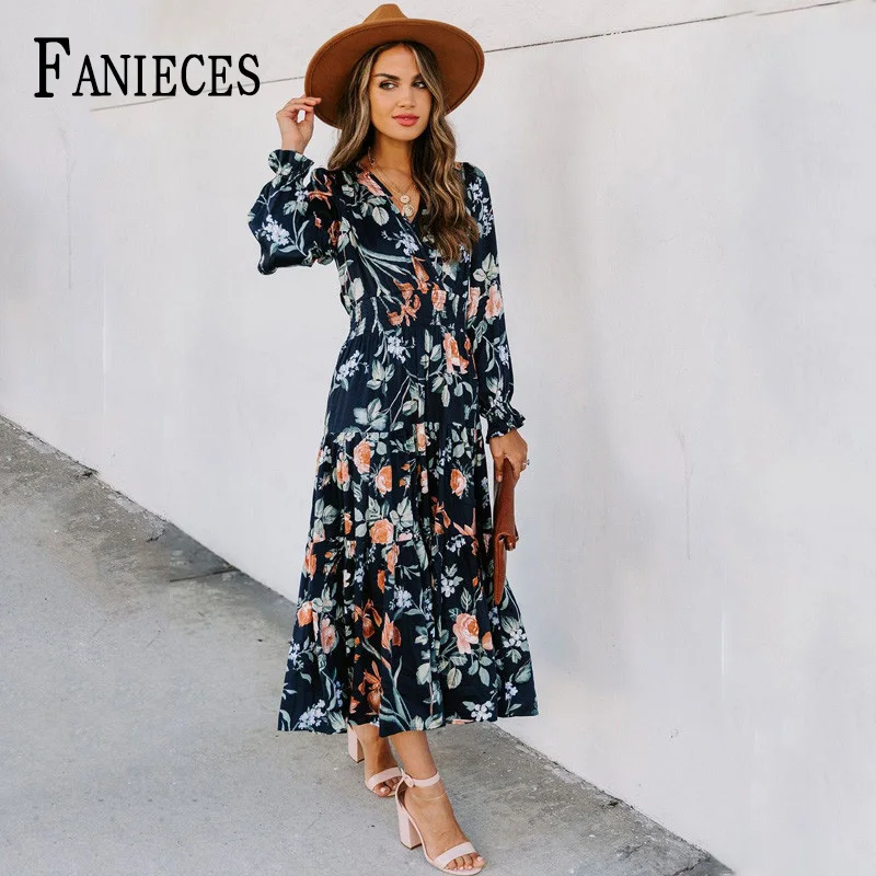 

Шифоновое женское платье, весна-осень 2021, женские винтажные платья средней длины с цветочным принтом и V-образным вырезом, вечернее платье с ...