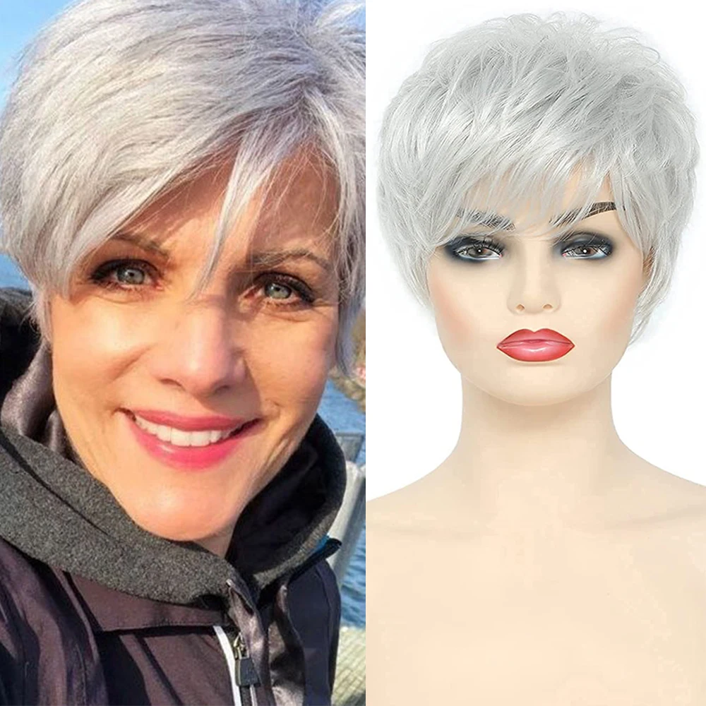 

Silver Short Hair Synthetic Wigs Blonde Grey Color Wavy Hair Synthetic Wigs Black Brown Straight Bob Wigs 6Inch Daily Use FXKS