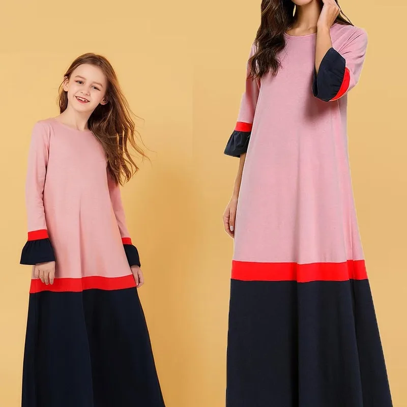 girl's Pink long sleeve round neck dress Muslim mom daughter dresses | Мать и ребенок
