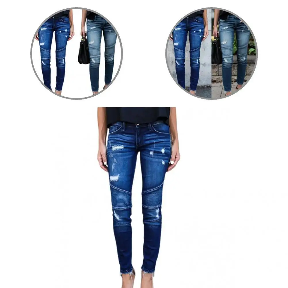 

Womenswear Popular Stretchy Hole Jeans Dark Color Lady Jeans Skin-friendly for Spring