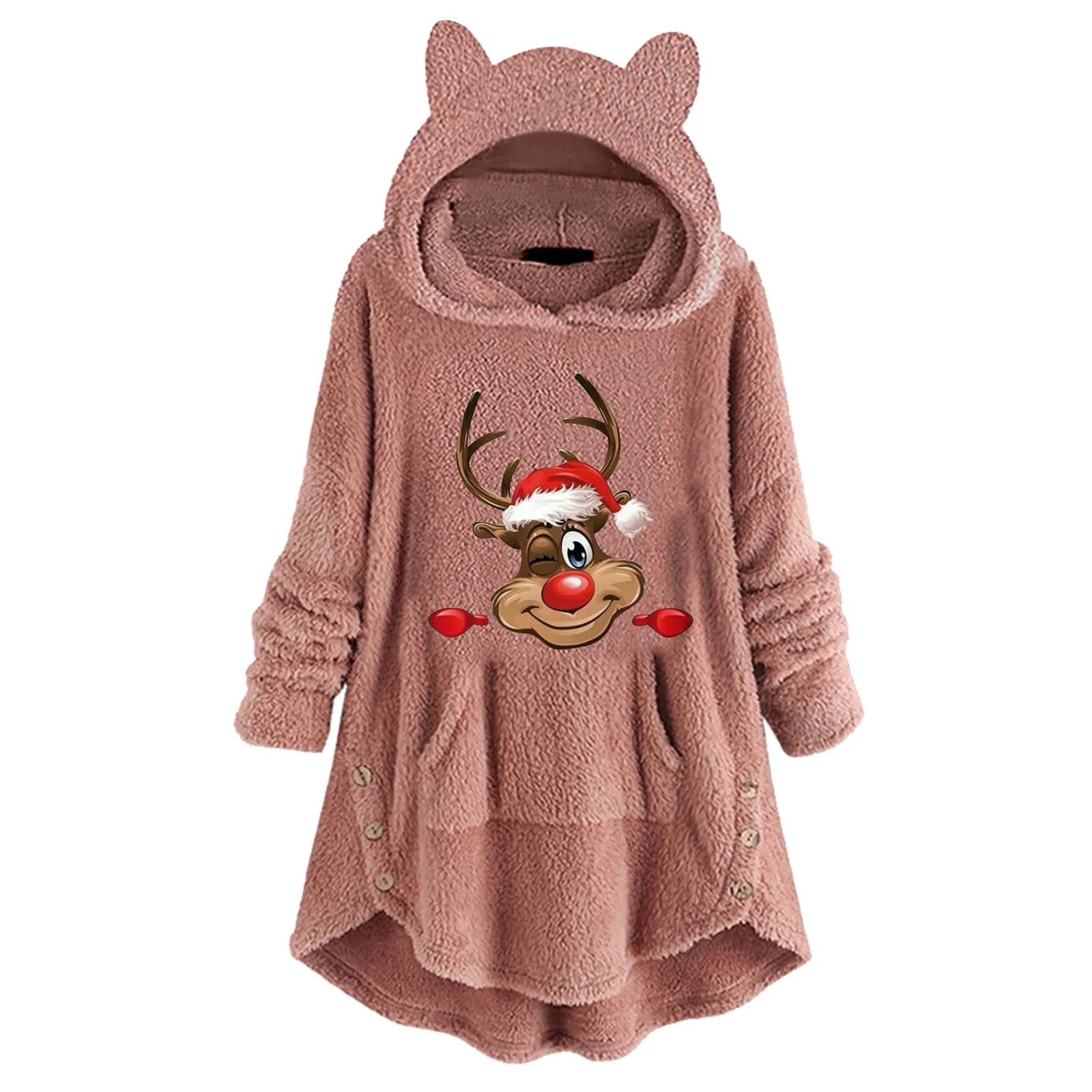 

Женское флисовое рождественское пальто с капюшоном и пуговицами в виде кошачьих ушей, плюшевое пальто оверсайз, топы, зимняя теплая куртка ...