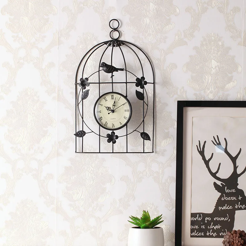 Креативные металлические аналоговые настенные часы в виде птичьей клетки