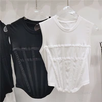 sexy sleeveless shirt women 2021 simple all match round neck t shirts waist buttons slim fit tight basic tops white black