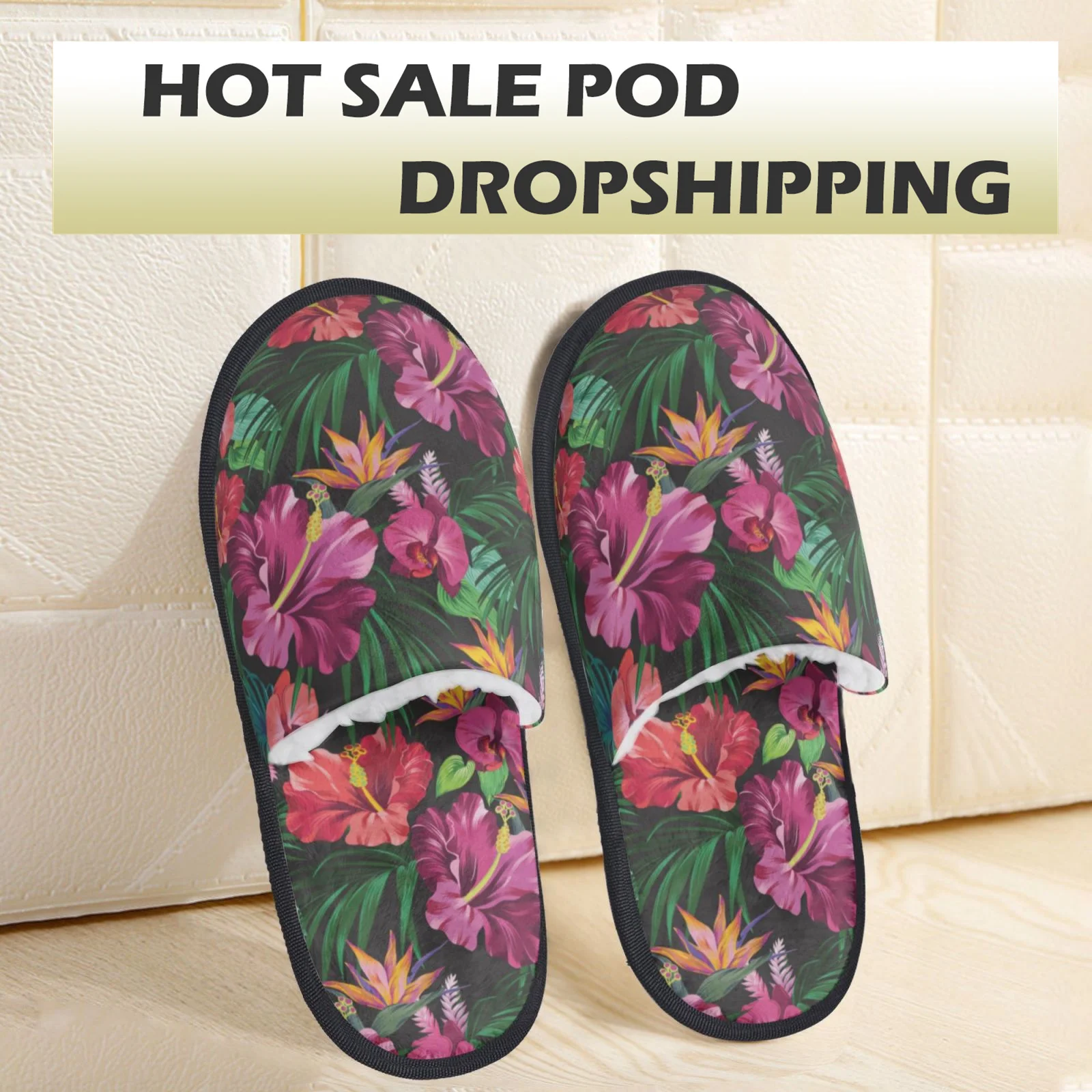 

KUILIU Winter Furry Slippers Tropical Hibiscus Flower Print Women Cotton Shoes Unisex Home Flat Couple Non-slip Plush Slides