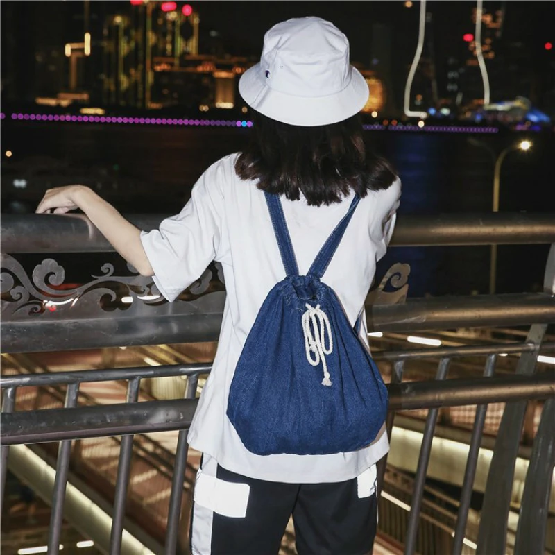 Женский джинсовый рюкзак на шнурке школьный ранец для девочек подростков| |