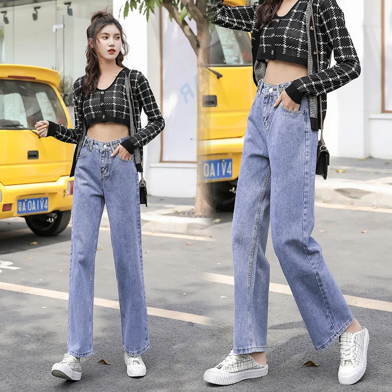 Новинка 2020 синие прямые джинсы с высокой талией размера плюс женские весенние