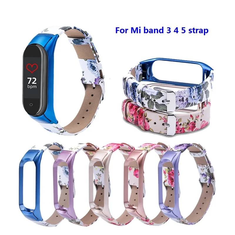Printed leather Strap For XiaoMi Mi Band 3 6 5 4 Colorful flowers PU Leather Wristband For Mi Band 4 5 6 Replace bracelet Strap
