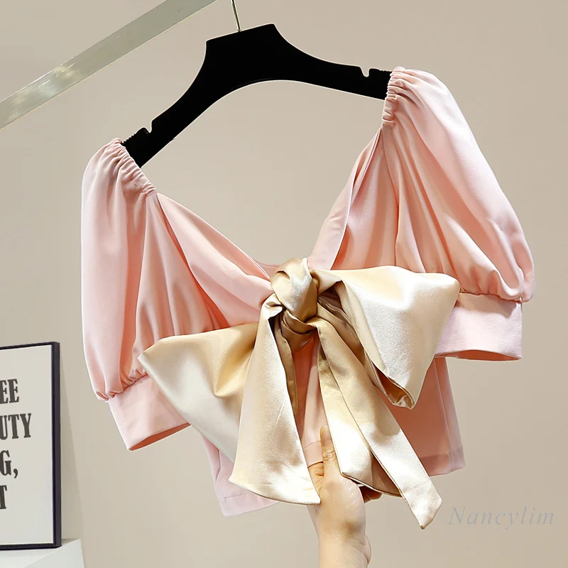 Vintage Manches Courtes Bouffantes Chemisiers Femmes Design De Mode À Lacets Tridimensionnel Grand Noeud Fermeture Éclair Arrière Haut Court Dame Chemise Blusa