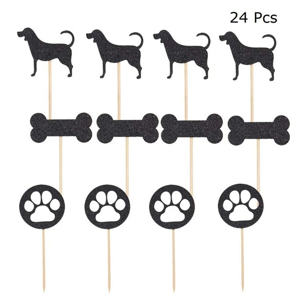 

24pcs Shining Dog Cake Topper Bone Footprint Decor Insert Card Decorating Cupcake Toppers Kids Birthday Party Favors Gathering