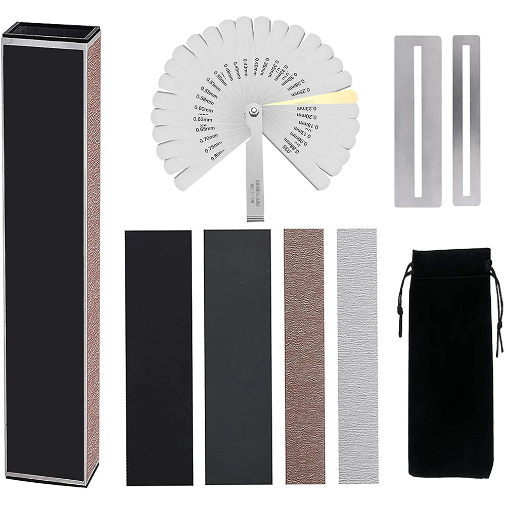 

Guitar Luthier Tools Radius Gauge Sanding Papers Fret Leveling Sanding Beam Fingerboard Guard with Velvet Bag 9PCS Black