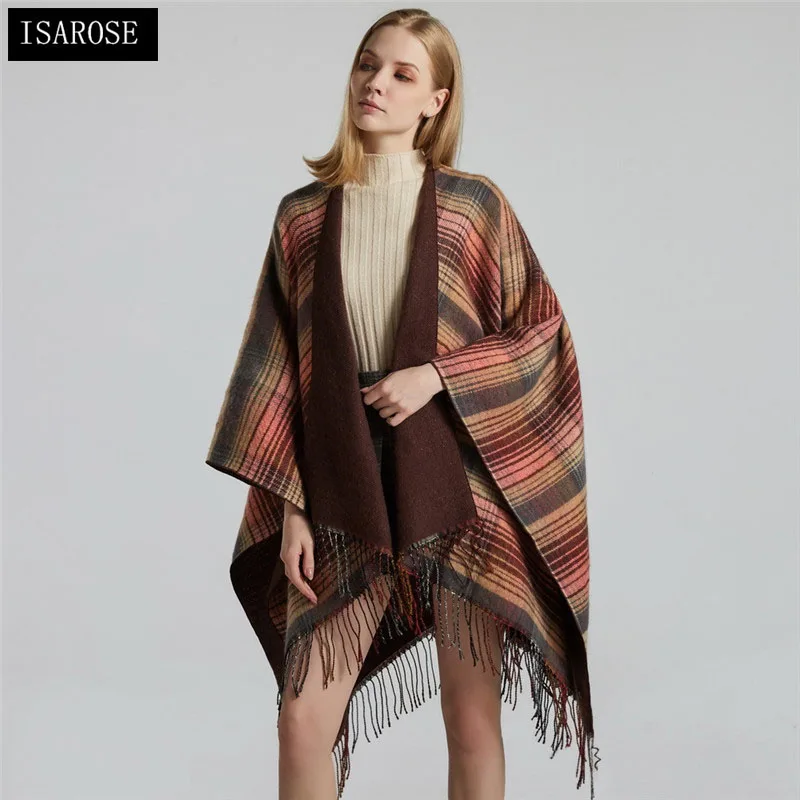 

ISAROSE Women Plaid Oversized Poncho Classic Scotland Colorful Plaids Knitted Cashmere Double Sides Wearing Winter Warm Shawls