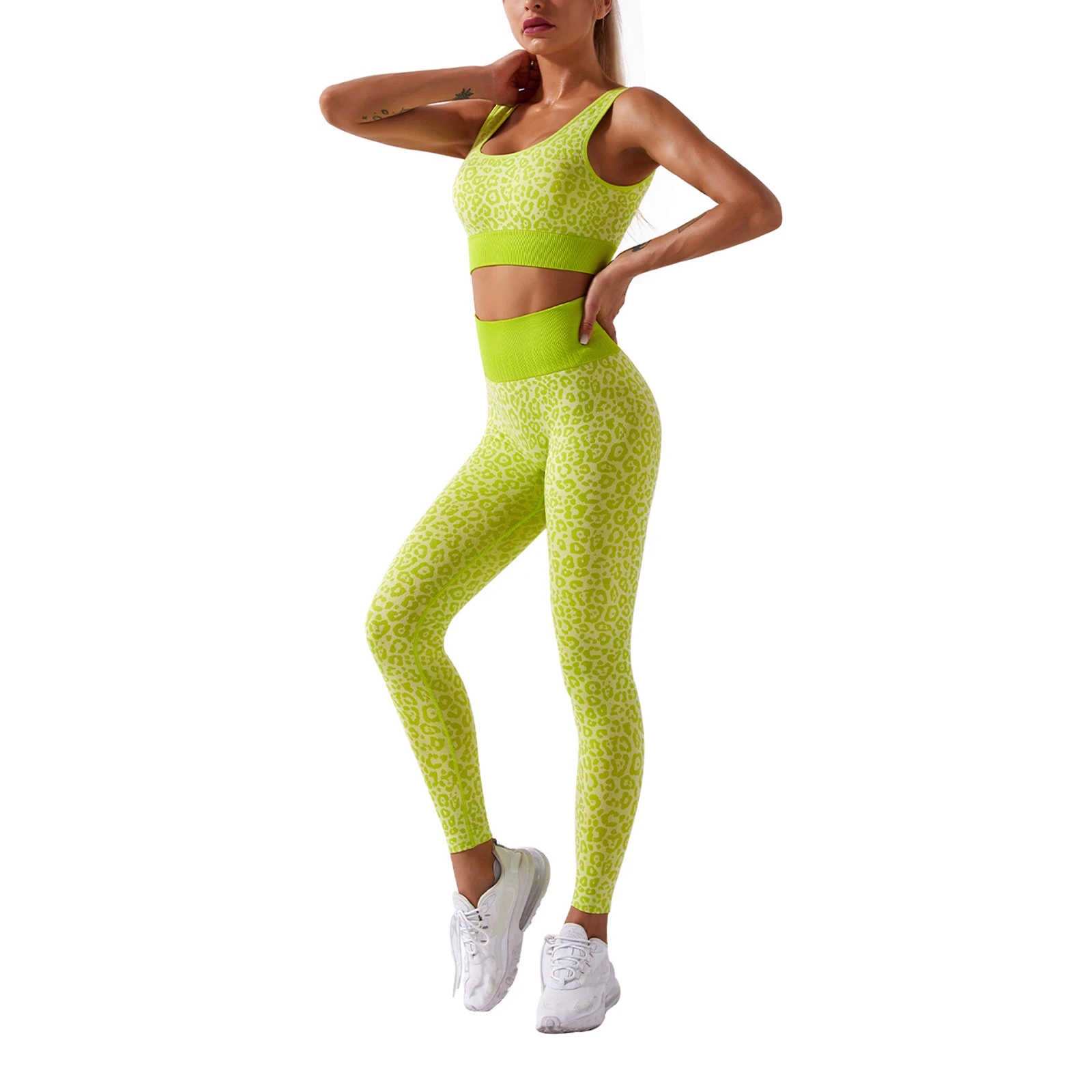 

Women's Leopard Printed 2Pcs Yoga Suit Sports Bra with High Waist Tight Long Running Pants for Exercise Wear