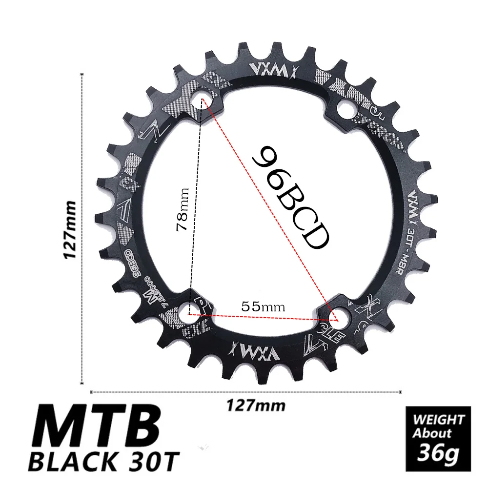 96BCD 30T Black Велосипедный Кривошип 104BCD/96BCD MTB 30T бензопила из алюминиевого сплава узкая широкая цепь круглый бензопилой цикл запчасти для велосипеда - Цвет: 96BCD 30T Black
