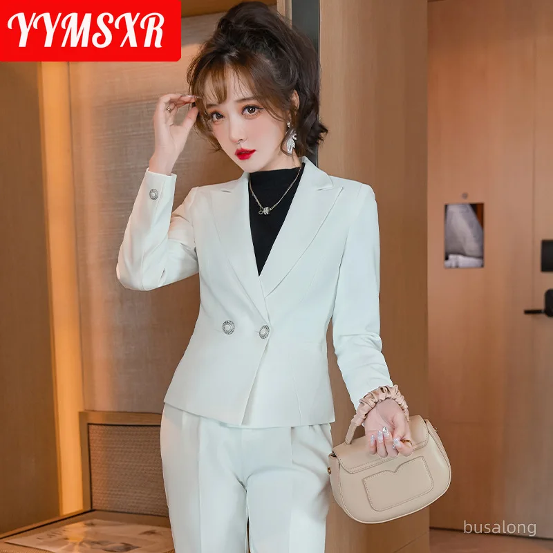 Women's Elegant Office Suit Pants Two-piece Winter Slim Double-breasted Short Jacket Casual High-waist 9-point Pants