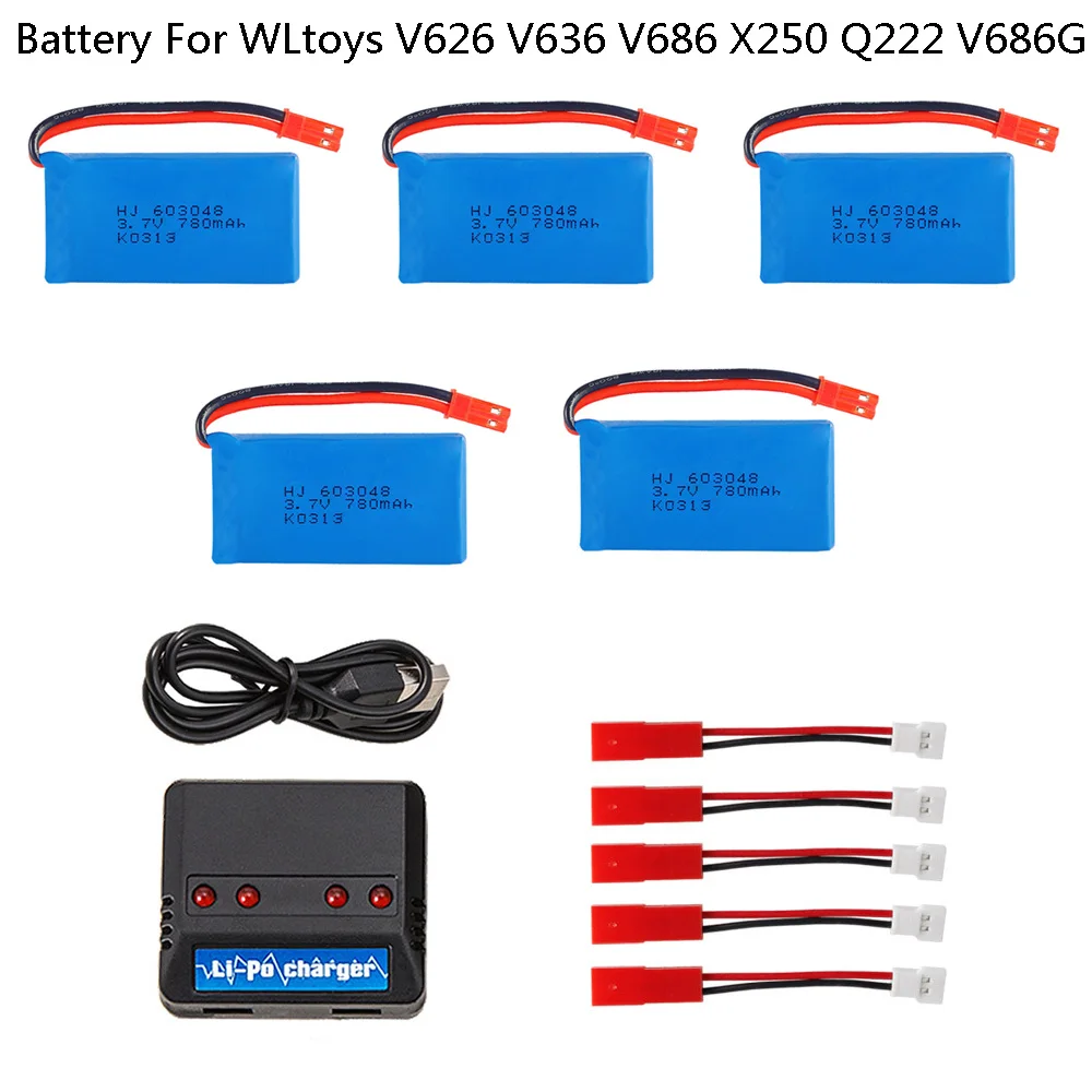 

3.7V 780mAh Lipo Battery with Charger For WLtoys V626 V636 V686 X250 Q222 V686G RC quadrocopter parts 3.7V 603048 RC toy battery