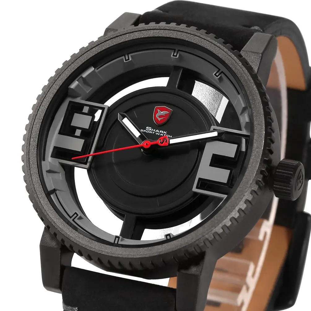 Black SH545 Megamouth акула спортивные часы 3D Специальный прозрачный полые циферблат дизайн роскошный коричневый кожаный ремешок Для мужчин Креативные часы подарок/SH543 - Цвет: Black SH545