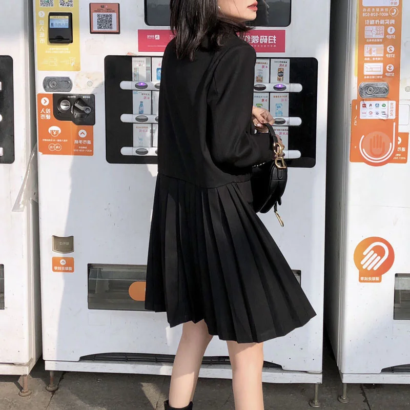 Autumn women's dress casual solid color pocket decoration stitching pleated suit dress|Женские платья| |