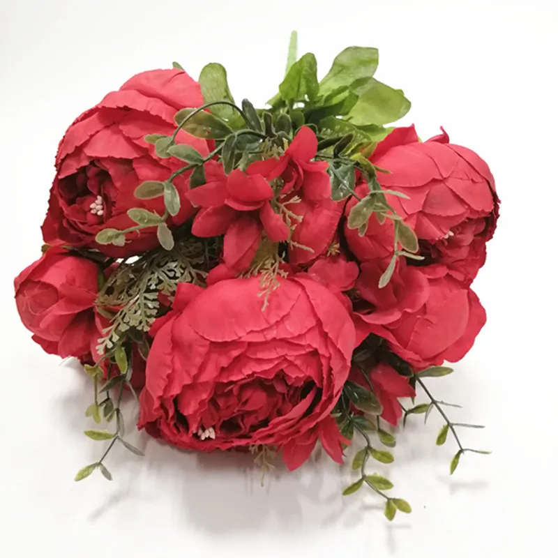 13 heads red 1 1 букет, 13 голов, Искусственный Пион, Шелковый цветок, искусственные цветы, осень, яркий пион, Искусственный лист, свадебное украшение для дома, вечеринки, Рождества - Цвет: 13 heads red 1