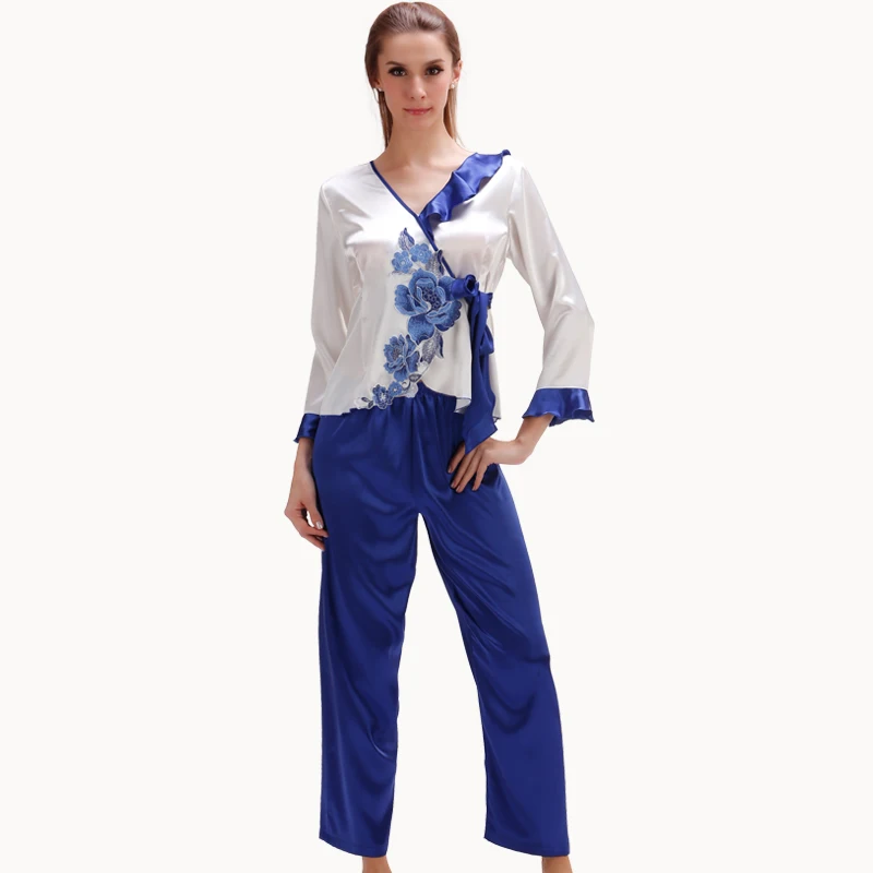 Синяя белая шелковая пижама женская одежда для сна Атласный пижамный комплект с