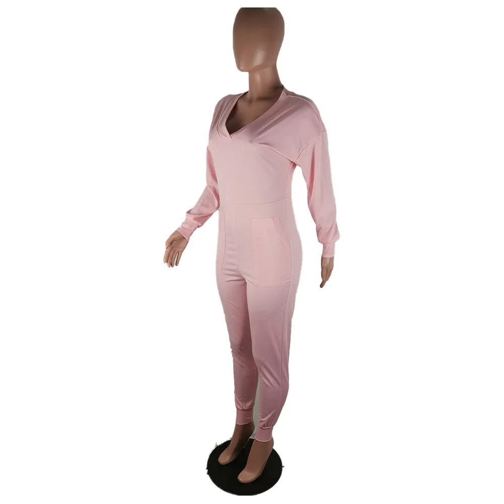 

Black Pink Casual Rompers Women Jumpsuit 2021 Deep V-neck Long Lantern Sleeve Party Overall High Street Pockets Bodycon Playsuit
