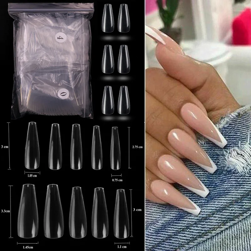 

100/500pcs Fake Nails Transparent White Long Coffin Shaped Ballerina Full Coverage Nail Tips DIY Nail Art Accessories